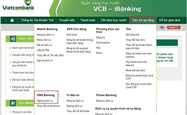 hủy SMS Banking VCB trên website của ngân hàng Vietcombank 